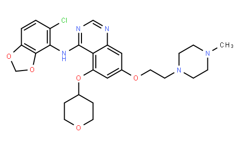 134842 | 379231-04-6 | N-(5-Chlorobenzo[d][1,3]dioxol-4-yl)-7-(2-(4-methylpiperazin-1-yl)ethoxy)-5-(tetrahydro-2H-pyran-4-yloxy)quinazolin-4-amine