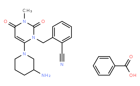134512 | 850649-62-6 | 2-[6-[3(R)-Aminopiperidin-1-yl]-3-methyl-2,4-dioxo-1,2,3,4-tetrahydropyrimidin-1-ylmethyl]benzonitrile benzoate。