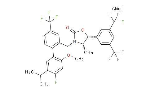 SC122694 | 875446-37-0 | (4S,5R)-5-[3,5-Bis(trifluoromethyl)phenyl]-3-{[4'-fluoro-2'-methoxy-5'-(propan-2-YL)-4-(trifluoromethyl)biphenyl-2-YL]methyl}-4-methyl-1,3-oxazolidin-2-one
